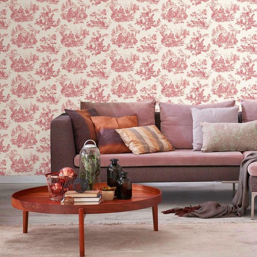 Cream red toile jouy - red, de